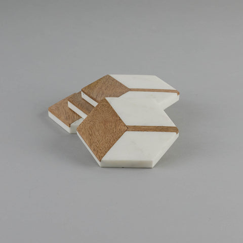 White Marble With Wood Hexagon Coaster