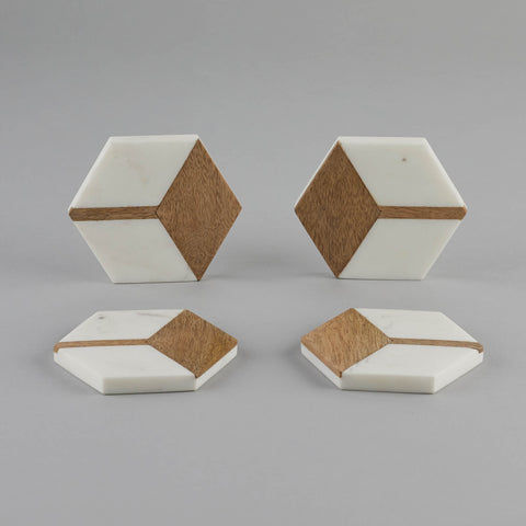 White Marble With Wood Hexagon Coaster