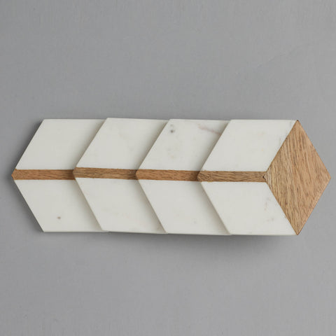 White Marble With Wood Hexagon Coaster