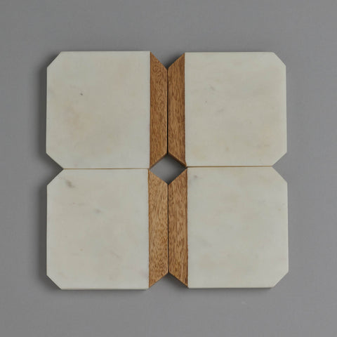 White Marble With Wood Coaster