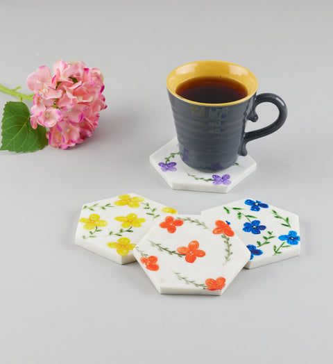 Hand Painted Hexagon Floral Coaster