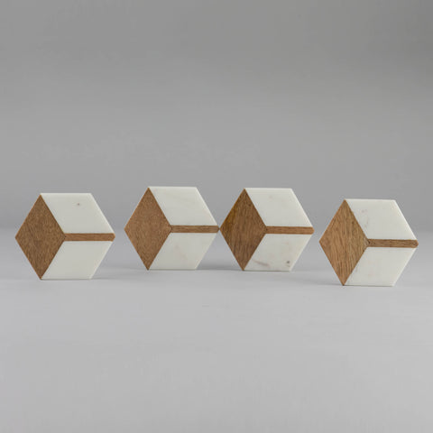 White Marble With Wood Hexagon Coaster