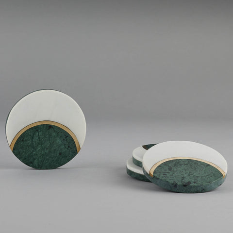 White & Green Marble With Brass Strip Round Coaster