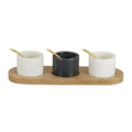 Marble nut bowls and wooden tray with brass spoons (set of 3)