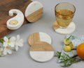 Natural White Marble and Wood Round Coaster Set (Set of 4)